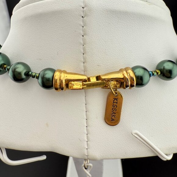 Kissaka Green Glass Bead Faux Pearl Necklace With Gold-Tone Clasp Elegant Design - Picture 4 of 8